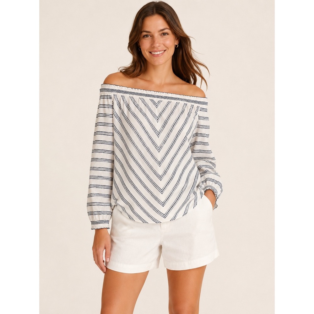Whistles Womens Off Shoulder Striped Linen Top Small Nautical White Blue Casual